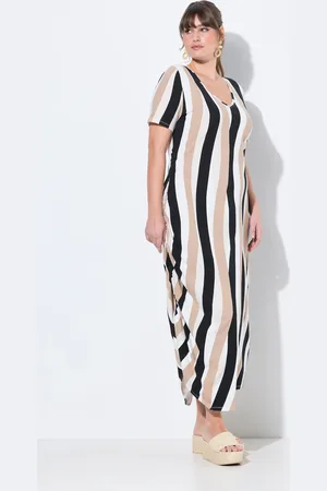 Ulla Popken Sukienka maxi, paski, okrągły dekolt, krótki rękaw, bawełna organiczna