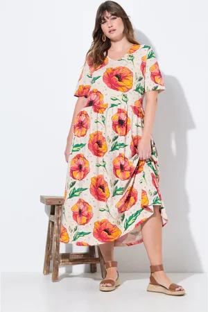 Ulla Popken Sukienka maxi, mak, dekolt w serek, krótki rękaw, bawełna organiczna