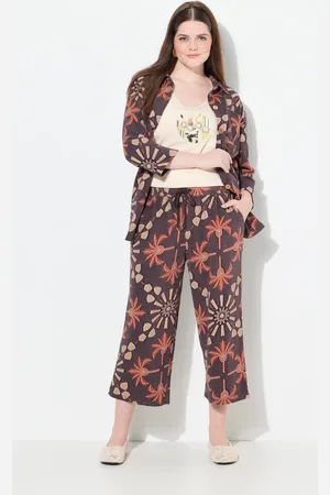 Ulla Popken Spodnie culotte, palmy, szeroka nogawka, elastyczny pas, bawełna organiczna
