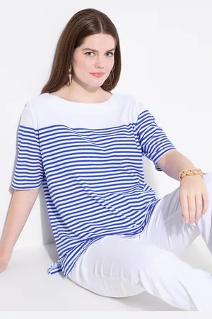 Ulla Popken T-shirt, paski bretońskie, łódkowy dekolt, rękaw 1/2