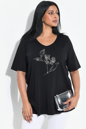 Ulla Popken T-shirt, ozdobne kamyczki, dekolt w serek, rękaw 1/2, bawełna pima
