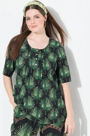 Ulla Popken T-shirt, palmy, krój trapezowy, okrągły dekolt, rękaw 1/2, bawełna organiczna