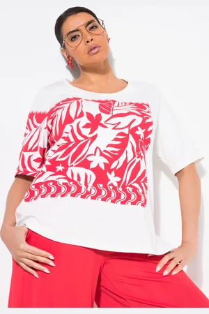 Ulla Popken T-shirt, liście, klasyczny krój, okrągły dekolt, rękaw 1/2
