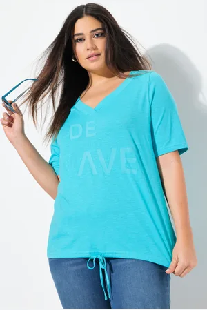Ulla Popken T-shirt, nadruk z napisem, pasek na dole, dekolt w serek, rękaw 1/2