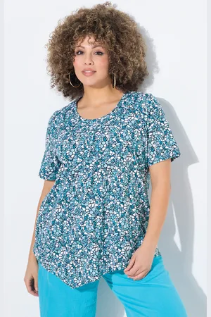 Ulla Popken T-shirt, wydłużone boki, trapezowy krój, zaszewki, okrągły dekolt, rękaw 1/2