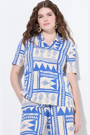 Ulla Popken Koszulka polo, ryby, kołnierzyk polo, rękaw 1/2, bawełna organiczna