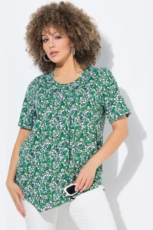 Ulla Popken T-shirt, wydłużone boki, trapezowy krój, zaszewki, okrągły dekolt, rękaw 1/2