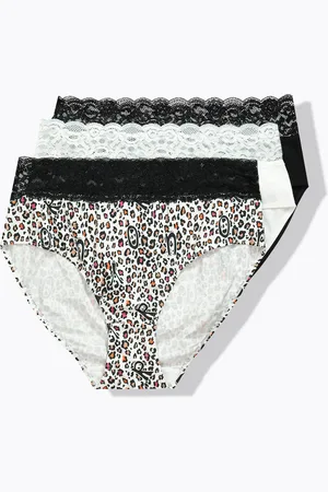 Ulla Popken TRUYOU Majtki Midi, Zestaw 3 Sztuk, Koronka, Gładkie/Wzór Leopard