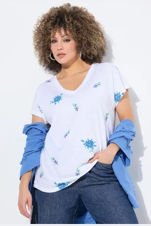 Ulla Popken T-shirt, haft, oversize, dekolt w serek, rękaw 1/2