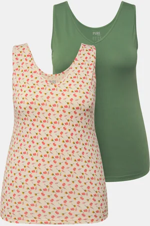 Ulla Popken Tanktopy, 2-pak, kwiaty/jednokolorowy, dekolt w szpic, bez rękawów