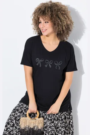 Ulla Popken T-shirt, kokardki, oversize, dekolt w serek, rękaw 1/2