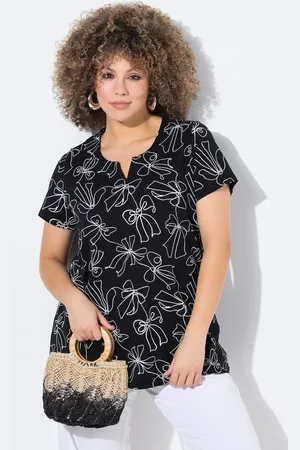 Ulla Popken T-shirt, kokardki, krój trapezowy, dekolt tunikowy, rękaw 1/2