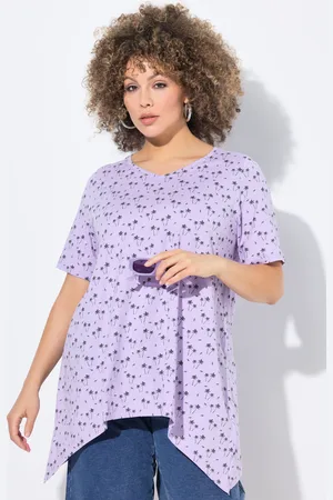 Ulla Popken T-shirt, palmy, krój trapezowy, dekolt w szpic, rękaw 1/2