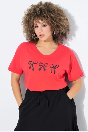 Ulla Popken T-shirt, kokardki, oversize, dekolt w serek, rękaw 1/2