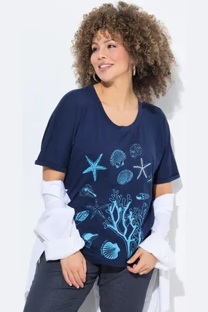 Ulla Popken T-shirt, motyw morski, oversize, okrągły dekolt, rękaw 1/2