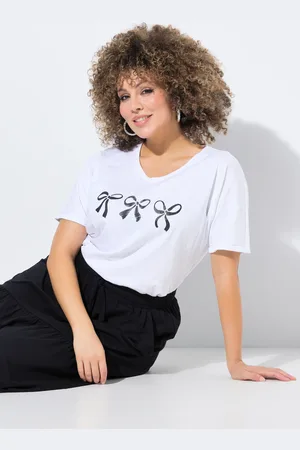 Ulla Popken T-shirt, kokardki, oversize, dekolt w serek, rękaw 1/2