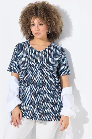 Ulla Popken T-shirt, ozdobne plisy, trapezowy krój, dekolt w serek, rękaw 1/2