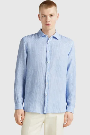 Benetton Light Blue Striped Pure Linen Shirt