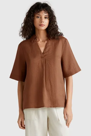 Benetton Short Sleeve Blouse In Pure Linen