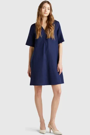Benetton Short Sleeve Dress In Pure Linen