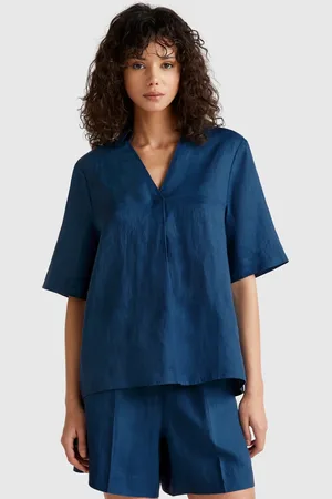 Benetton Short Sleeve Blouse In Pure Linen