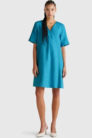Benetton Short Sleeve Dress In Pure Linen