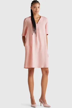 Benetton Short Sleeve Dress In Pure Linen