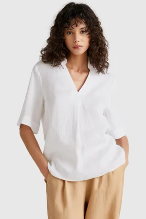 Benetton Short Sleeve Blouse In Pure Linen