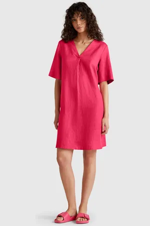 Benetton Short Sleeve Dress In Pure Linen