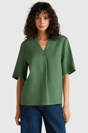 Benetton Short Sleeve Blouse In Pure Linen