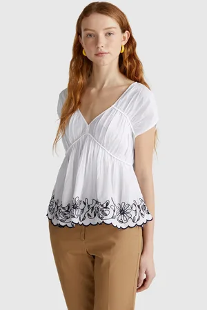 Benetton Short Sleeve Blouse With Floral Embroidery
