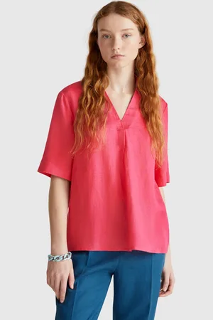 Benetton Short Sleeve Blouse In Pure Linen