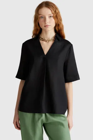 Benetton Short Sleeve Blouse In Pure Linen