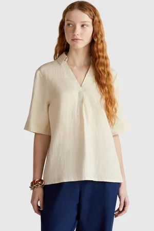 Benetton Short Sleeve Blouse In Pure Linen