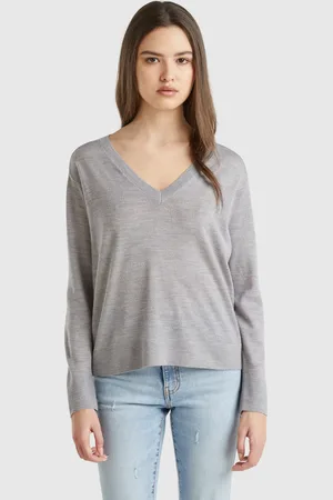 Benetton Sweater With V-neck In Pure Merino Wool