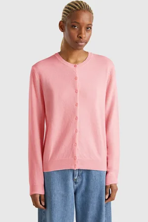 Benetton Powder Pink Crew Neck Cardigan In Pure Merino Wool
