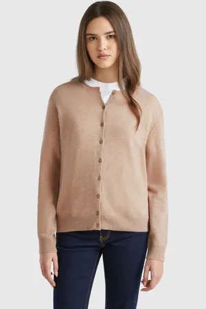 Benetton Crew Neck Cardigan In Pure Merino Wool