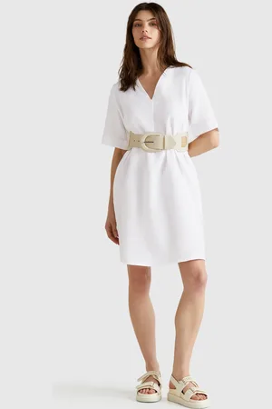 Benetton Short Sleeve Dress In Pure Linen