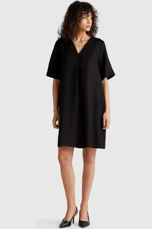 Benetton Short Sleeve Dress In Pure Linen