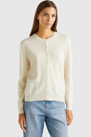 Benetton Cream Crew Neck Cardigan In Pure Merino Wool