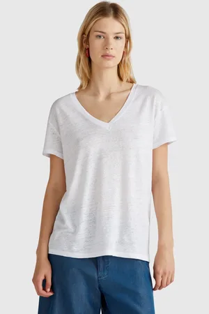 Benetton V-neck T-shirt In Pure Linen