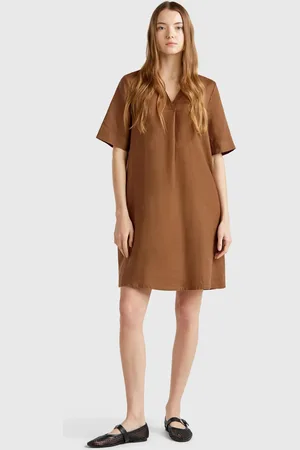 Benetton Short Sleeve Dress In Pure Linen