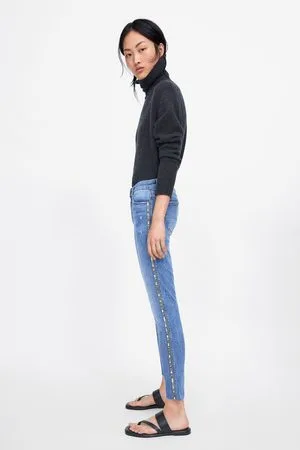 Zara Spodnie jeansowe rurki z błyszczącymi lampasami po bokach z kolekcji z1975