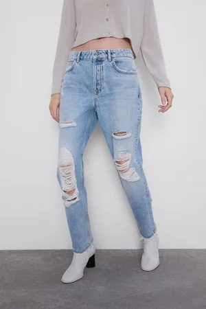 Zara Kobieta Jeansy - Spodnie jeansowe w stylu mom fit z rozdarciami z kolekcji z1975